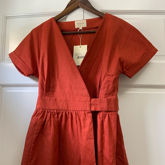 Sezane Red Midi Linen Wrap Dress NWT - Picture 6 of 6